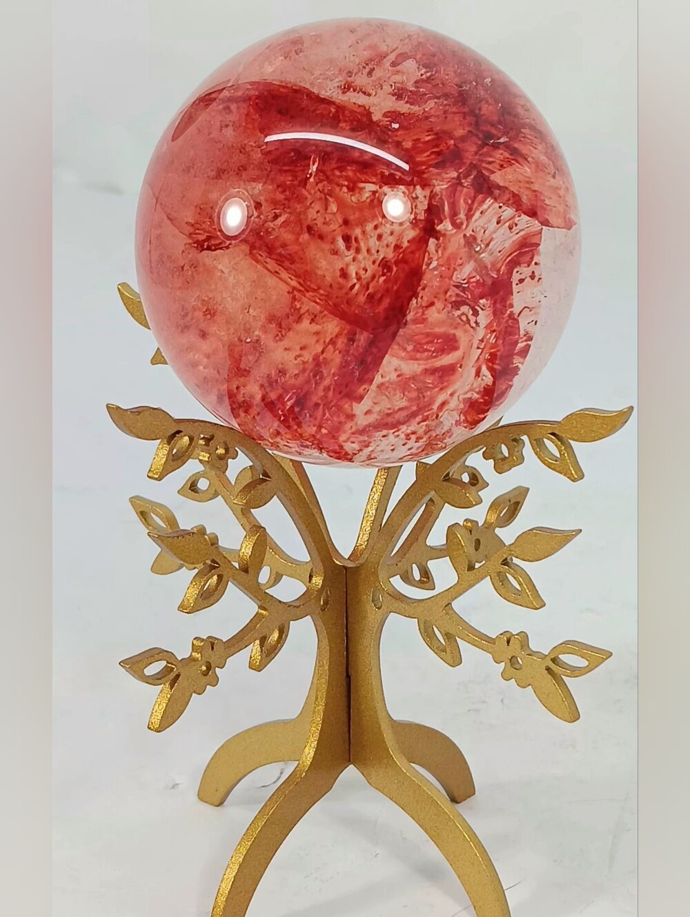 Red Hematoid Fire Quartz Sphere on Gold Tree Stand NEW